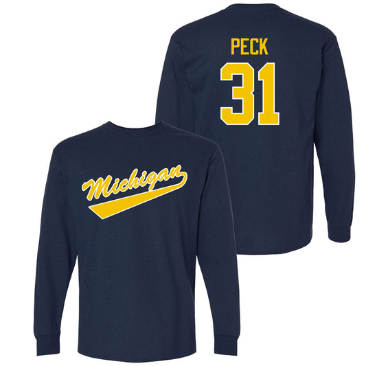 Valiant University of Michigan Hockey Stephen Peck Navy Long Sleeve Script Jersey Tee