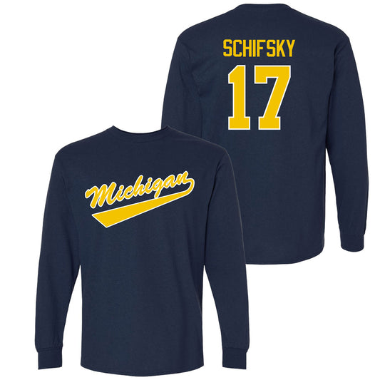 Valiant University of Michigan Hockey Garrett Schifsky Navy Long Sleeve Script Jersey Tee