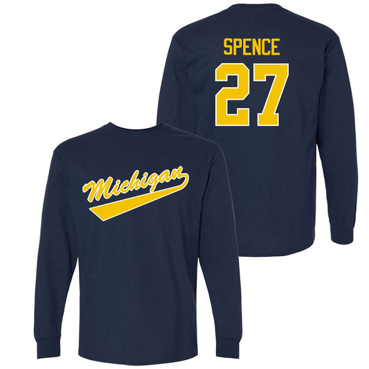 Valiant University of Michigan Hockey Malcom Spence Navy Long Sleeve Script Jersey Tee