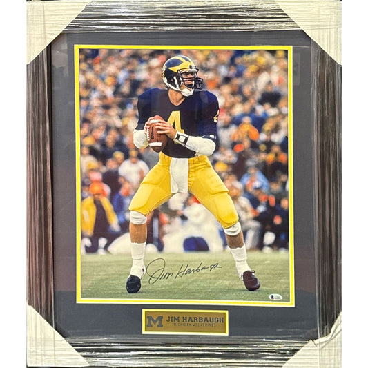 Jim Harbaugh Autographed Framed Michigan Wolverines Action Photo