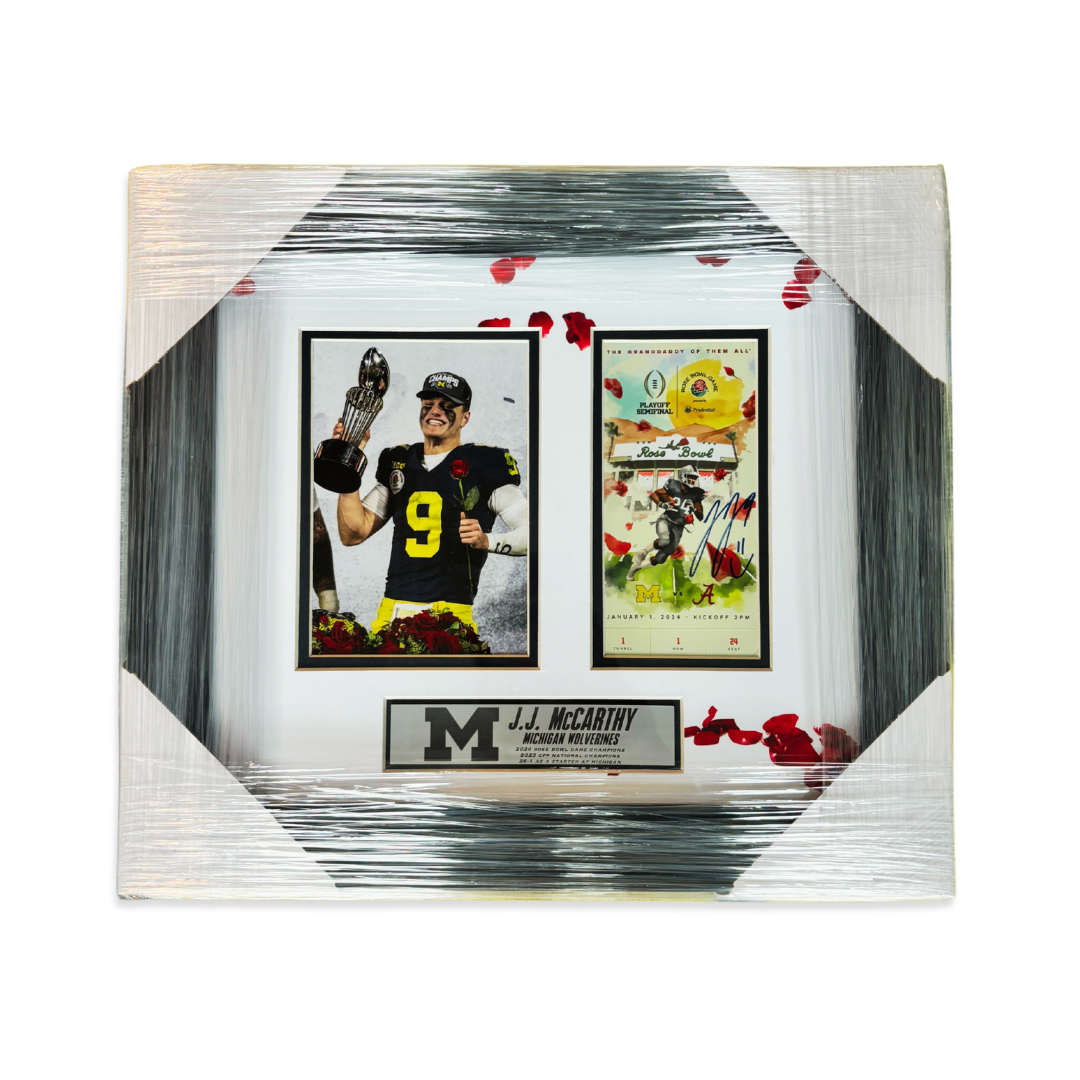 JJ McCarthy Framed 2024 Rose Bowl Autographed Ticket & Photo Display