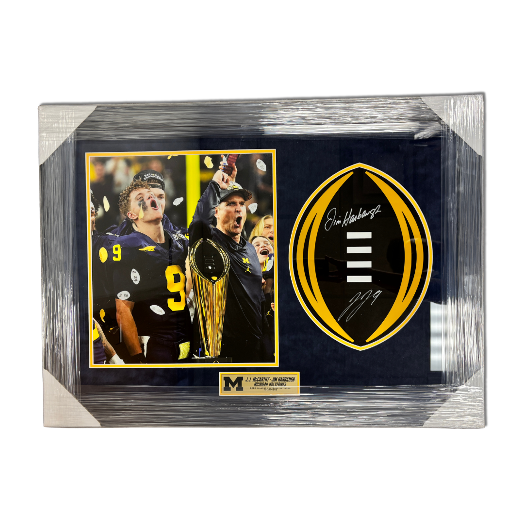 University of Michigan Framed College Football Playoff Decal Autographed by Jim Harbaugh & J.J. McCarthy