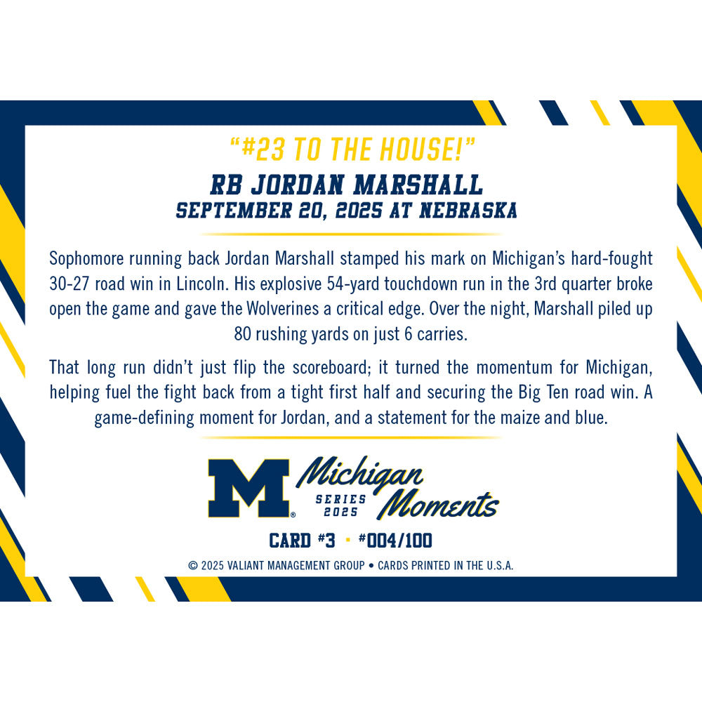 Valiant University of Michigan Football Jordan Marshall 2025 Michigan Moments Trading Card vs. Nebraska