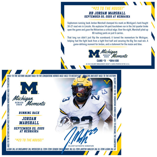 Valiant University of Michigan Football Jordan Marshall 2025 Michigan Moments Trading Card vs. Nebraska