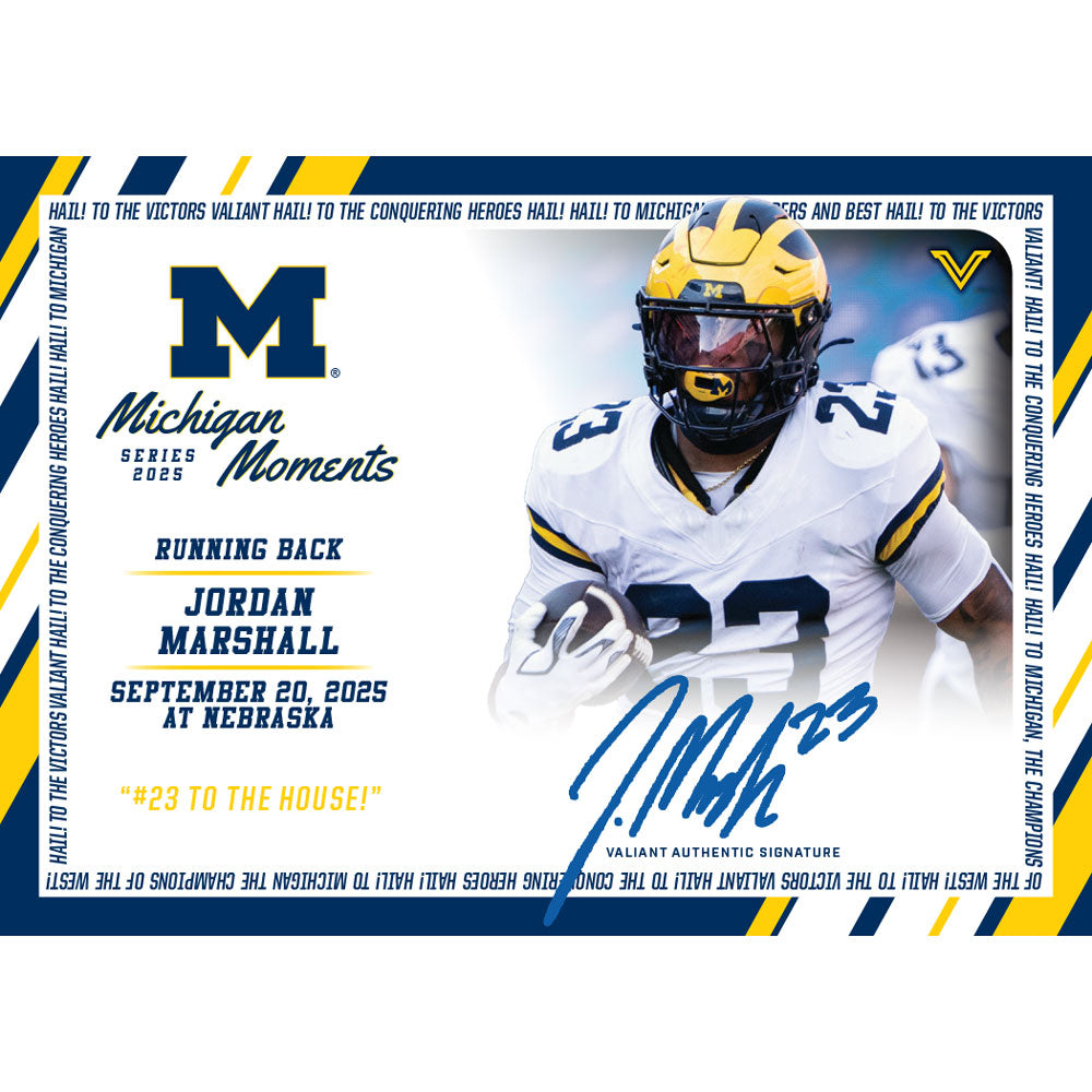 Valiant University of Michigan Football Jordan Marshall 2025 Michigan Moments Trading Card vs. Nebraska