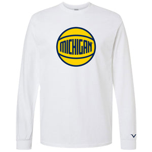 Valiant University of Michigan Basketball Vintage Ball Graphic White Long Sleeve Tee