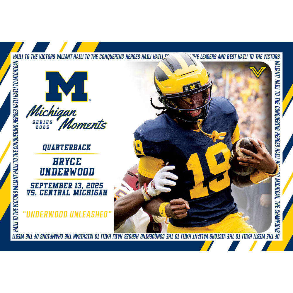 Valiant University of Michigan Football Bryce Underwood 2025 Michigan Moments Trading Card vs. Central Michigan (Chase Parallels and Autograph Cards) [PRE ORDER OPEN UNTIL SATURDAY, SEPTEMBER 20 AT 3:30 PM ET]