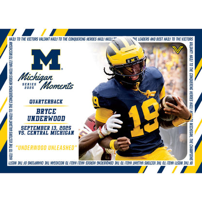 Valiant University of Michigan Football Bryce Underwood 2025 Michigan Moments Trading Card vs. Central Michigan (Chase Parallels and Autograph Cards) [PRE ORDER OPEN UNTIL SATURDAY, SEPTEMBER 20 AT 3:30 PM ET]