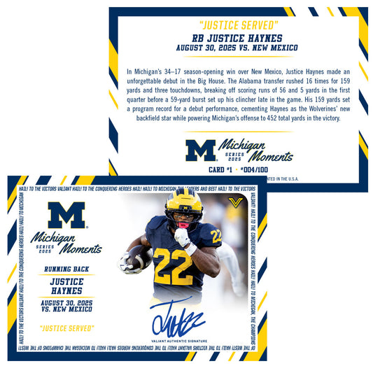 Valiant University of Michigan Football Justice Haynes 2025 Michigan Moments Trading Card vs. New Mexico
