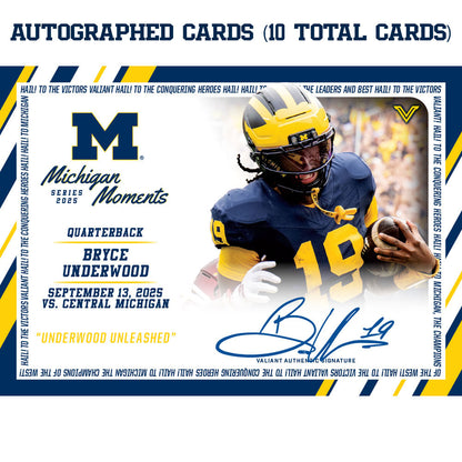 Valiant University of Michigan Football Bryce Underwood 2025 Michigan Moments Trading Card vs. Central Michigan (Chase Parallels and Autograph Cards) [PRE ORDER OPEN UNTIL SATURDAY, SEPTEMBER 20 AT 3:30 PM ET]