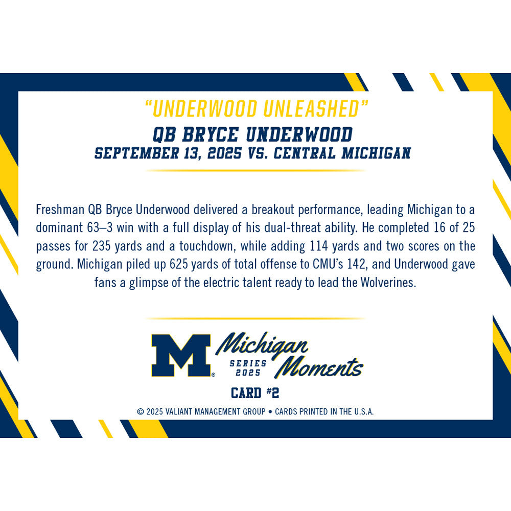Valiant University of Michigan Football Bryce Underwood 2025 Michigan Moments Trading Card vs. Central Michigan (Chase Parallels and Autograph Cards) [PRE ORDER OPEN UNTIL SATURDAY, SEPTEMBER 20 AT 3:30 PM ET]