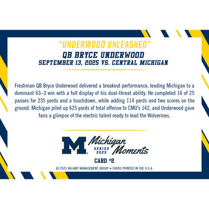 Valiant University of Michigan Football Bryce Underwood 2025 Michigan Moments Trading Card vs. Central Michigan (Chase Parallels and Autograph Cards) [PRE ORDER OPEN UNTIL SATURDAY, SEPTEMBER 20 AT 3:30 PM ET]