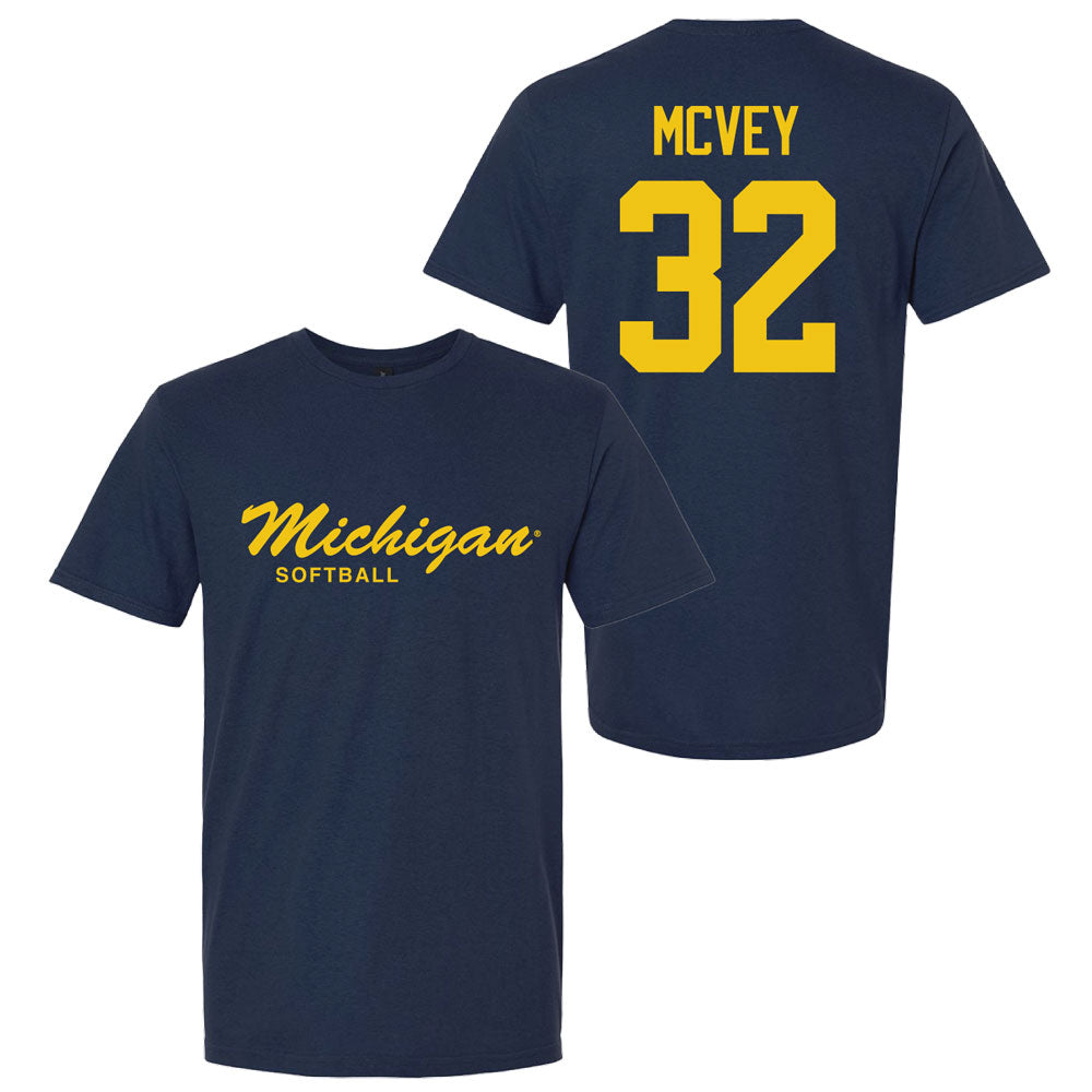 Valiant University of Michigan Softball Ella McVey #32 Script Michigan Sport Tee