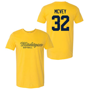Valiant University of Michigan Softball Ella McVey #32 Script Michigan Sport Tee