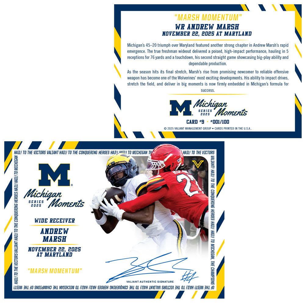 Valiant University of Michigan Football Andrew Marsh 2025 Michigan Moments Trading Card vs. Maryland