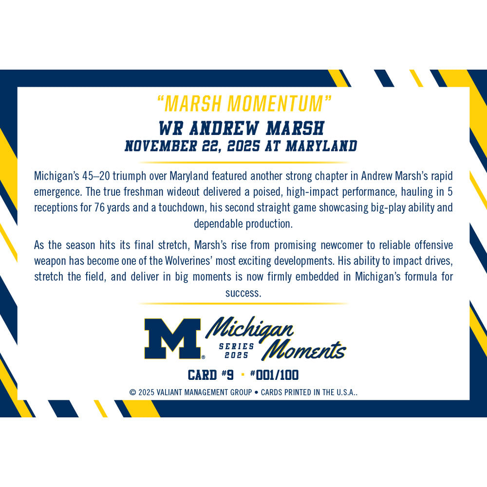 Valiant University of Michigan Football Andrew Marsh 2025 Michigan Moments Trading Card vs. Maryland