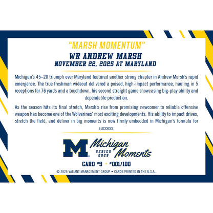 Valiant University of Michigan Football Andrew Marsh 2025 Michigan Moments Trading Card vs. Maryland