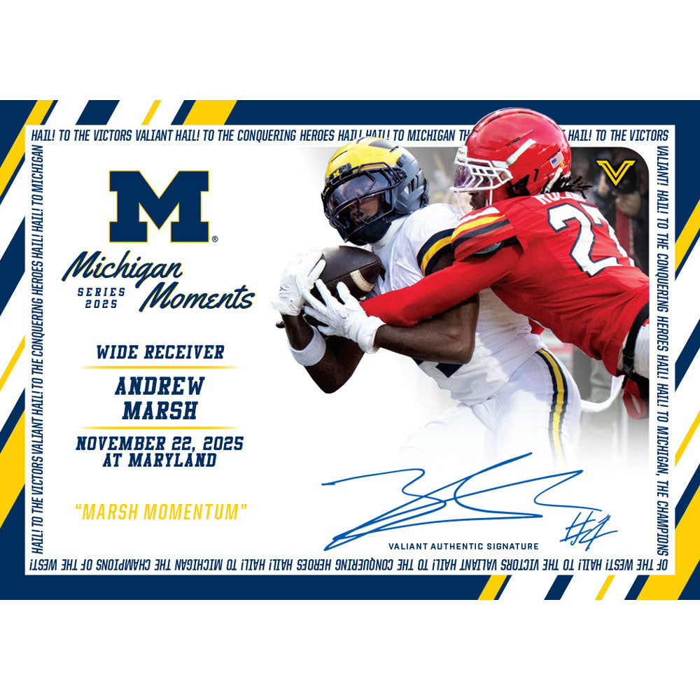 Valiant University of Michigan Football Andrew Marsh 2025 Michigan Moments Trading Card vs. Maryland