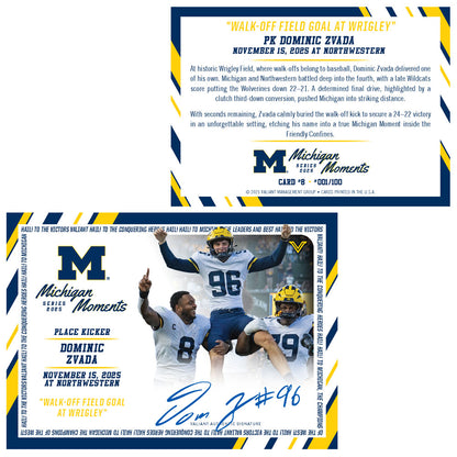 Valiant University of Michigan Football Dominic Zvada 2025 Michigan Moments Trading Card vs. Northwestern