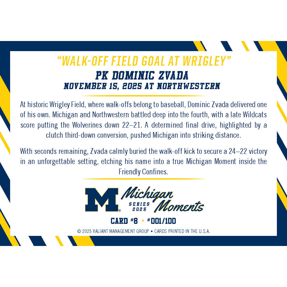 Valiant University of Michigan Football Dominic Zvada 2025 Michigan Moments Trading Card vs. Northwestern