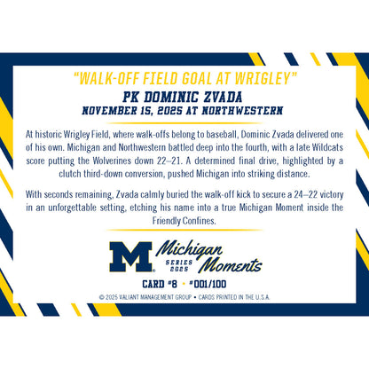 Valiant University of Michigan Football Dominic Zvada 2025 Michigan Moments Trading Card vs. Northwestern