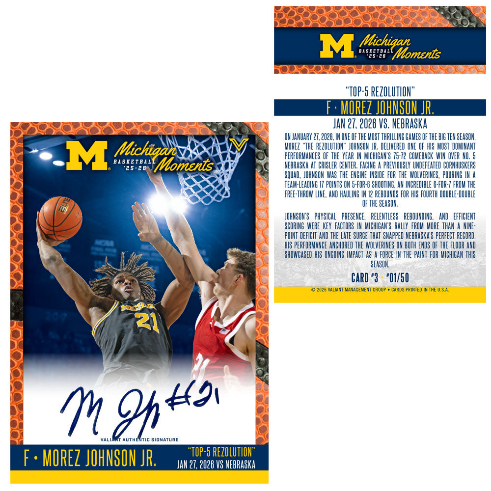 Valiant University of Michigan Basketball Morez Johnson Jr. 2025-2026 Michigan Moments Trading Card vs. Nebraska