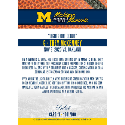 Valiant University of Michigan Basketball Trey McKenney 2025-2026 Michigan Moments Trading Card vs. Oakland