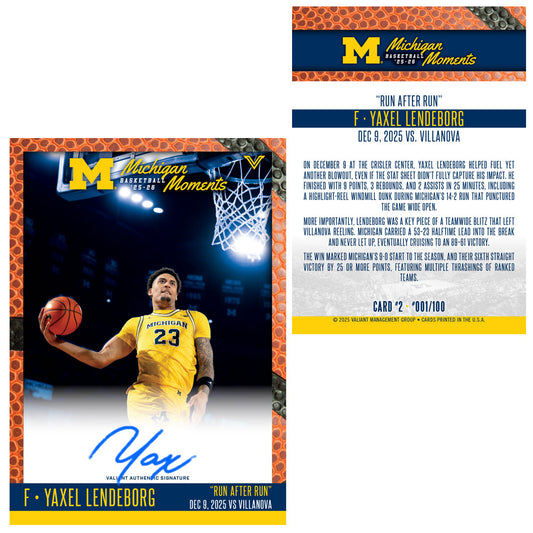 Valiant University of Michigan Basketball Yaxel Lendeborg 2025-2026 Michigan Moments Trading Card vs. Villanova