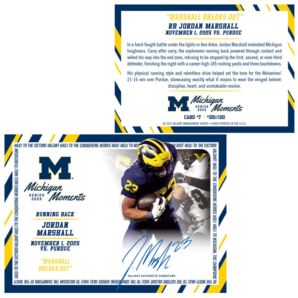 Valiant University of Michigan Football Jordan Marshall 2025 Michigan Moments Trading Card vs. Purdue