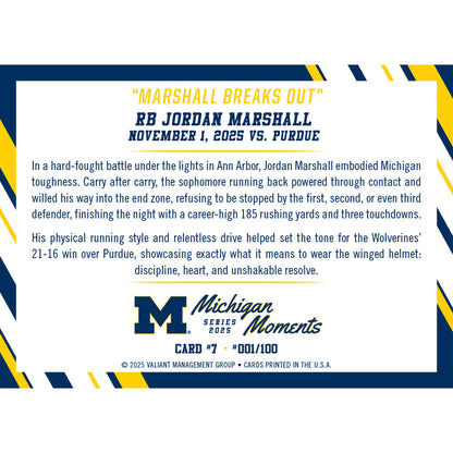 Valiant University of Michigan Football Jordan Marshall 2025 Michigan Moments Trading Card vs. Purdue