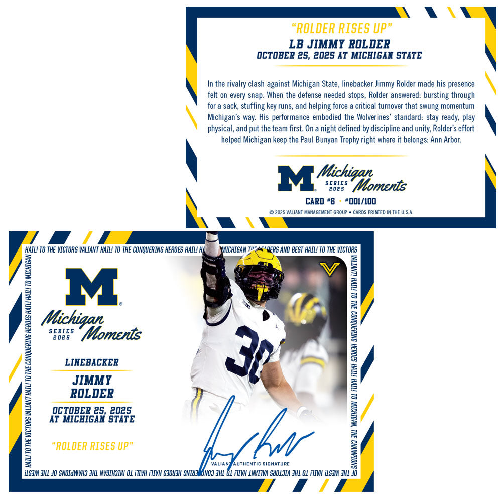Valiant University of Michigan Football Jimmy Rolder 2025 Michigan Moments Trading Card vs. MSU