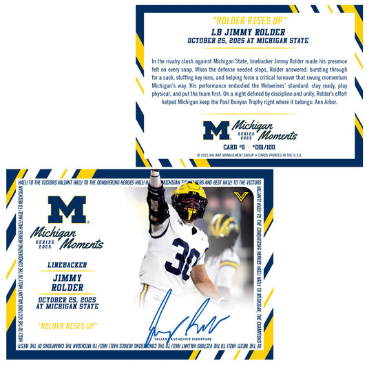 Valiant University of Michigan Football Jimmy Rolder 2025 Michigan Moments Trading Card vs. MSU