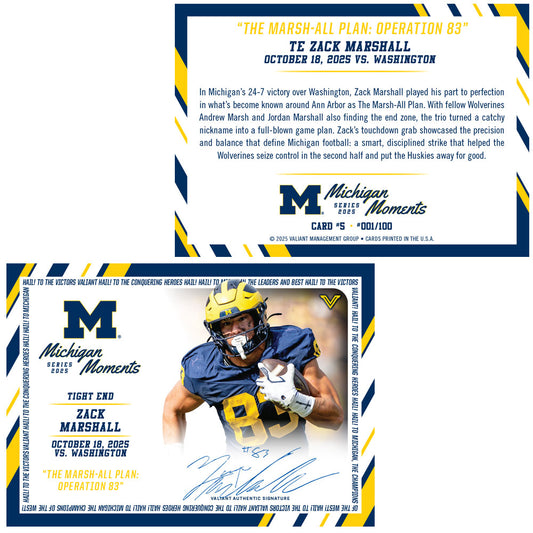 Valiant University of Michigan Football Zack Marshall 2025 Michigan Moments Trading Card vs. Washington