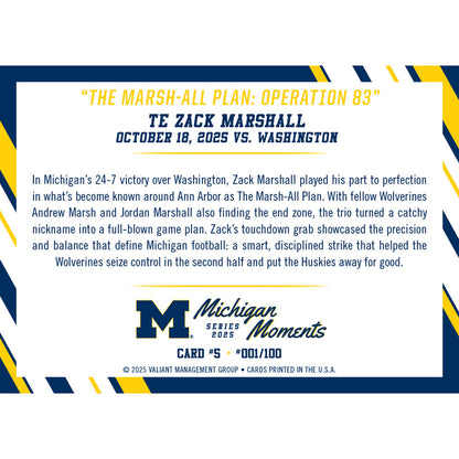 Valiant University of Michigan Football Zack Marshall 2025 Michigan Moments Trading Card vs. Washington