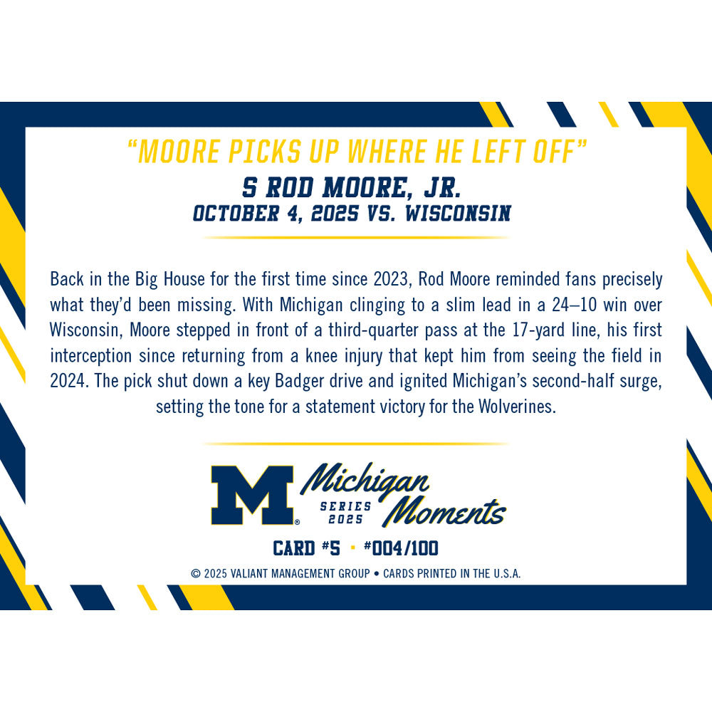 Valiant University of Michigan Football Rod Moore 2025 Michigan Moments Trading Card vs. Wisconsin [Available October 8, 2025 at 10:00 AM ET]
