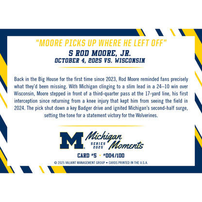 Valiant University of Michigan Football Rod Moore 2025 Michigan Moments Trading Card vs. Wisconsin [Available October 8, 2025 at 10:00 AM ET]