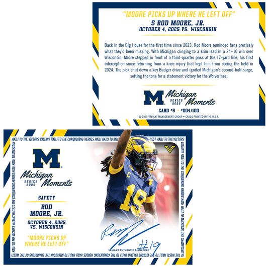 Valiant University of Michigan Football Rod Moore 2025 Michigan Moments Trading Card vs. Wisconsin [Available October 8, 2025 at 10:00 AM ET]