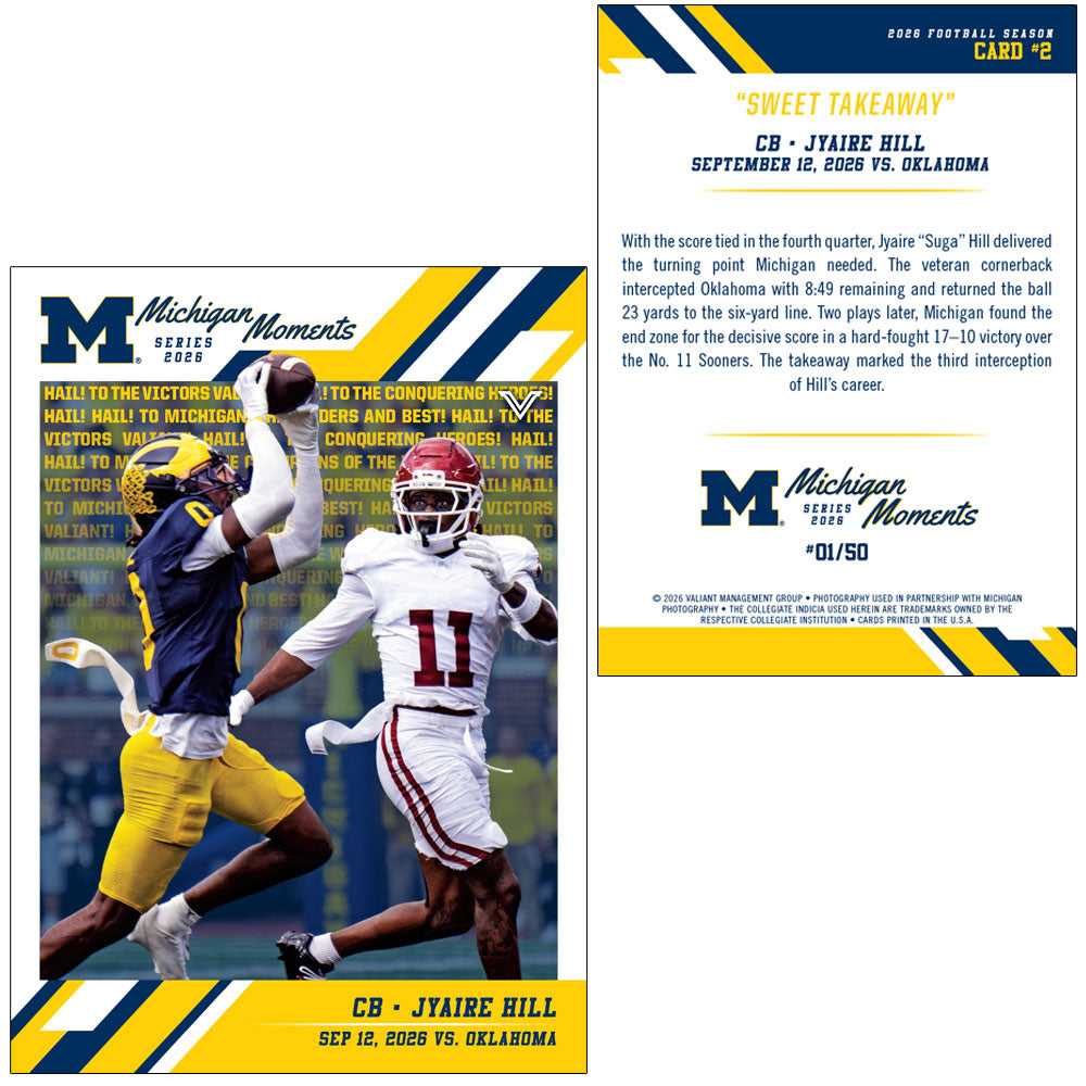 Valiant University of Michigan Football Jyaire Hill 2026 Michigan Moments Trading Card vs. Oklahoma [Unsigned]