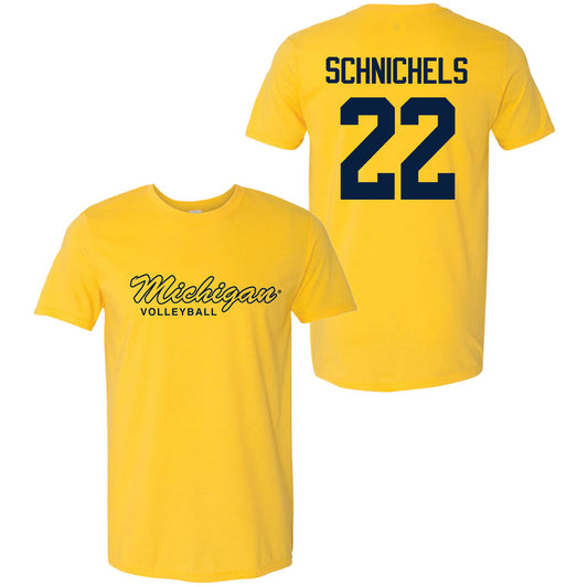 Valiant University of Michigan Volleyball Sydney Schnichels #22 Script Michigan Sport Tee