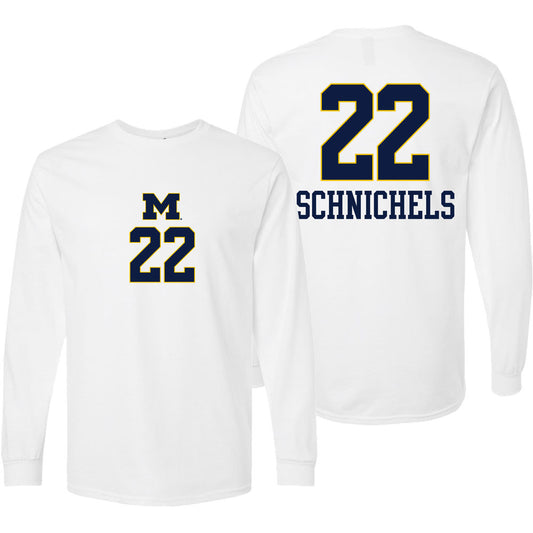 Valiant University of Michigan Volleyball Sydney Schnichels #22 White Long Sleeve Jersey Tee