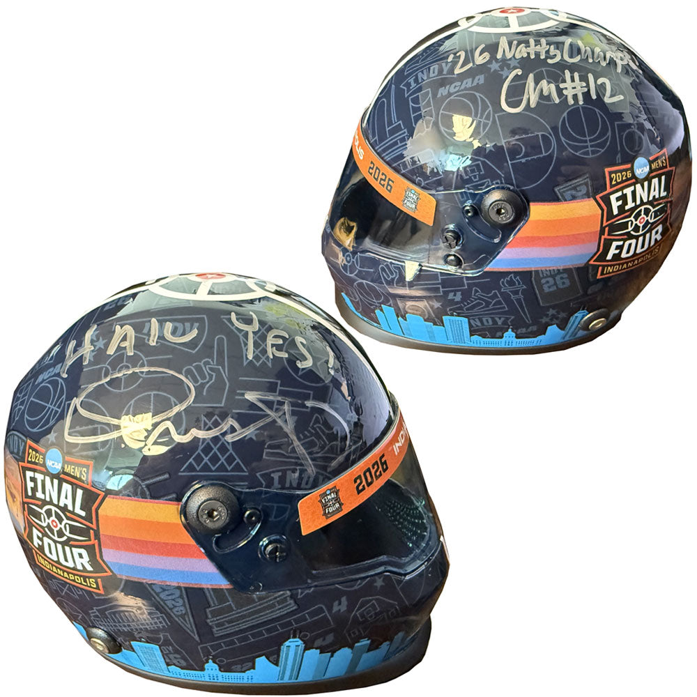 University of Michigan Basketball Final Four Mini Indy Car Helmet – Dual Signed by Head Coach Dusty May & Charlie May with Inscriptions