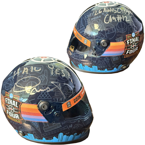 University of Michigan Basketball Final Four Mini Indy Car Helmet – Dual Signed by Head Coach Dusty May & Charlie May with Inscriptions