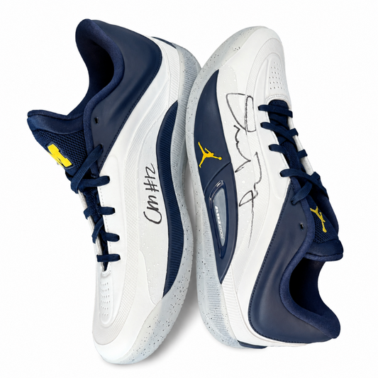 University of Michigan Jordan Zion 4 Team-Issued Shoes Autographed by Dusty May & Charlie May with "Natty Champs" Inscription-- Size 12