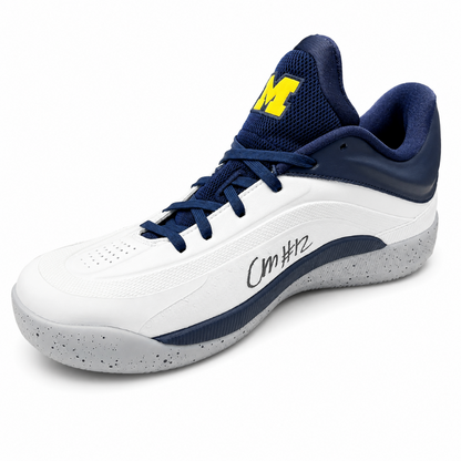 University of Michigan Jordan Zion 4 Team-Issued Shoes Autographed by Dusty May & Charlie May with "Natty Champs" Inscription-- Size 12