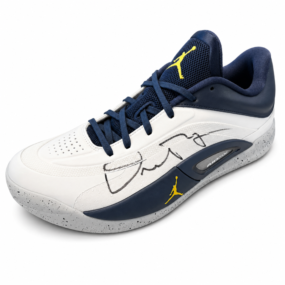 University of Michigan Jordan Zion 4 Team-Issued Shoes Autographed by Dusty May & Charlie May with "Natty Champs" Inscription-- Size 12