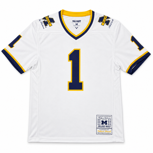 Valiant Brand University of Michigan College Vault White #1 Sublimated Fan Jersey