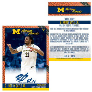 Valiant University of Michigan Basketball Roddy Gayle Jr. "March Roddy" vs. Tennessee Michigan Moments Trading Card
