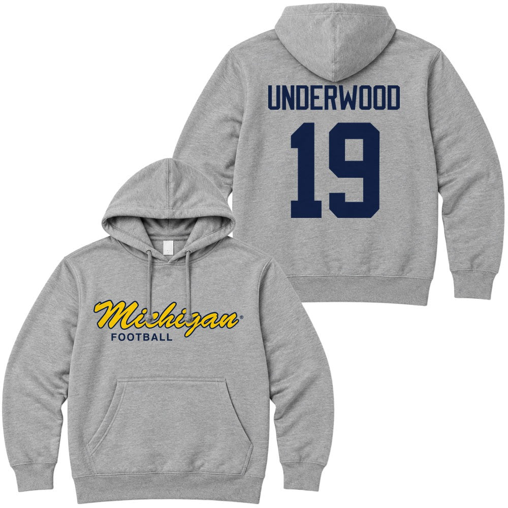 Valiant University of Michigan Football Bryce Underwood #19 Script Michigan Hooded Sweatshirt