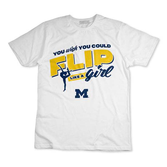 Valiant University of Michigan Women's Gymnastics White "You Wish You Could Flip Like A Girl" Tee