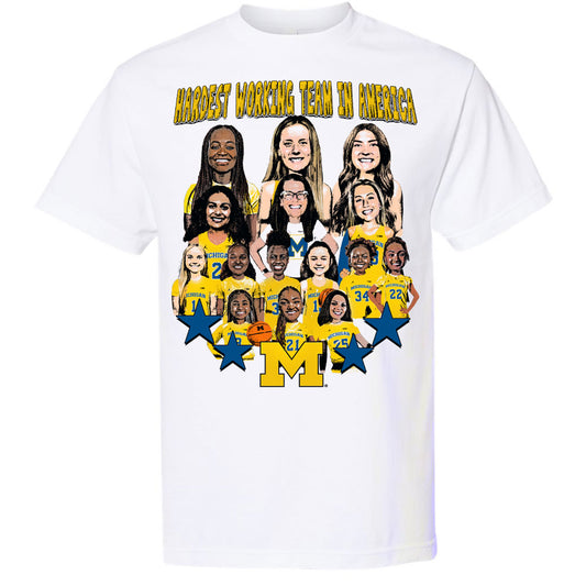 Valiant University of Michigan Women's Basketball "Hardest Working Team In America'' Caricature Tee